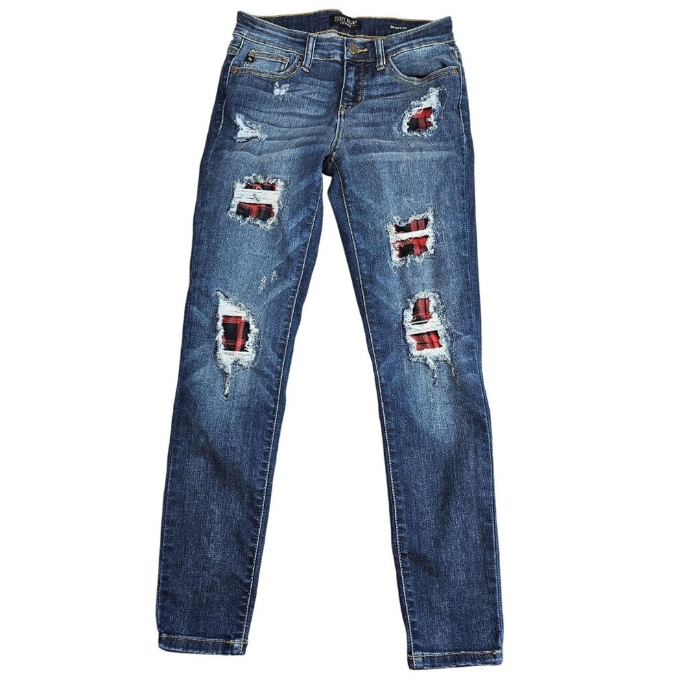 Judy Blue Skinny Fit Jeans Womens 5/27 Blue Dark Wash Plaid Patch Distressed